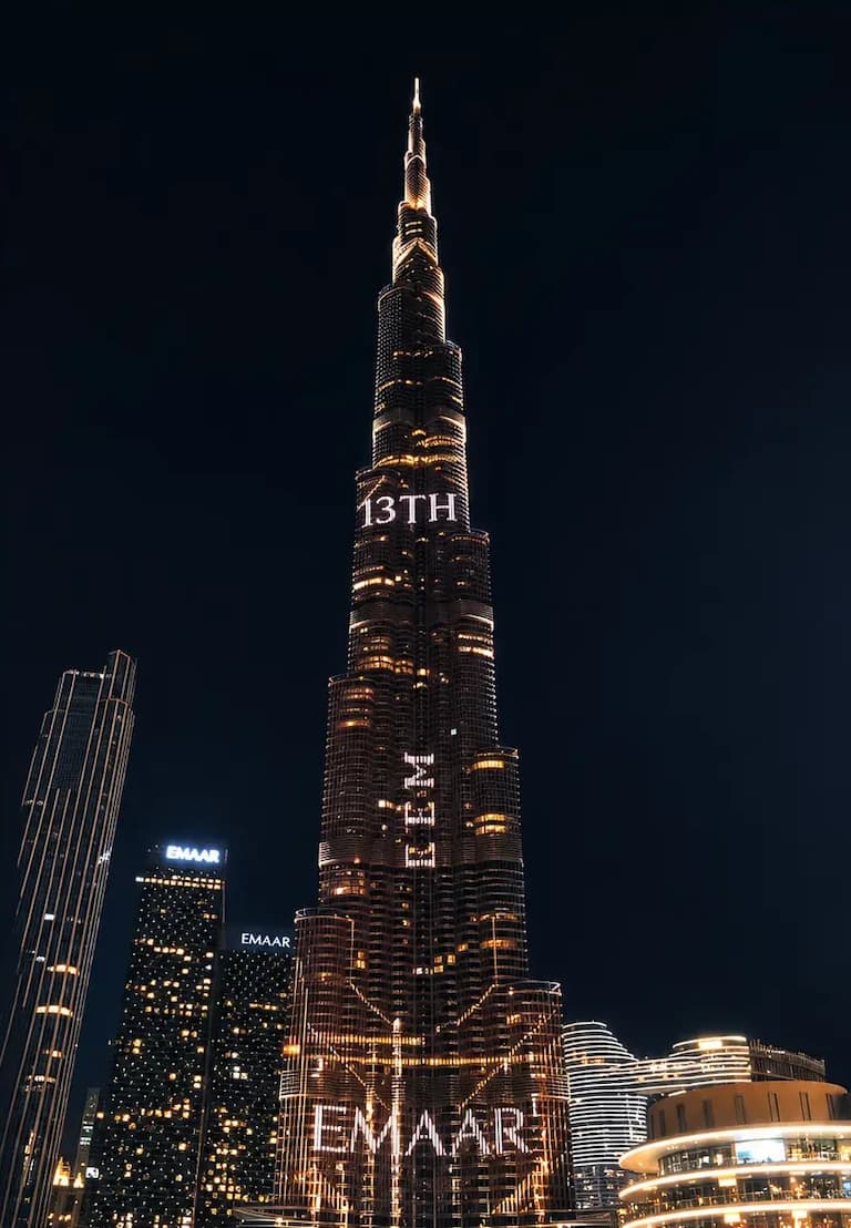 Burj Khalifa lit up at night in celebration of Emaar's 13th anniversary with REM