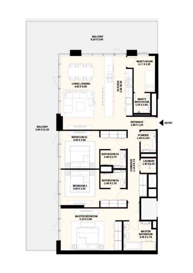 3 Bedrooms Apartment Floor Plan