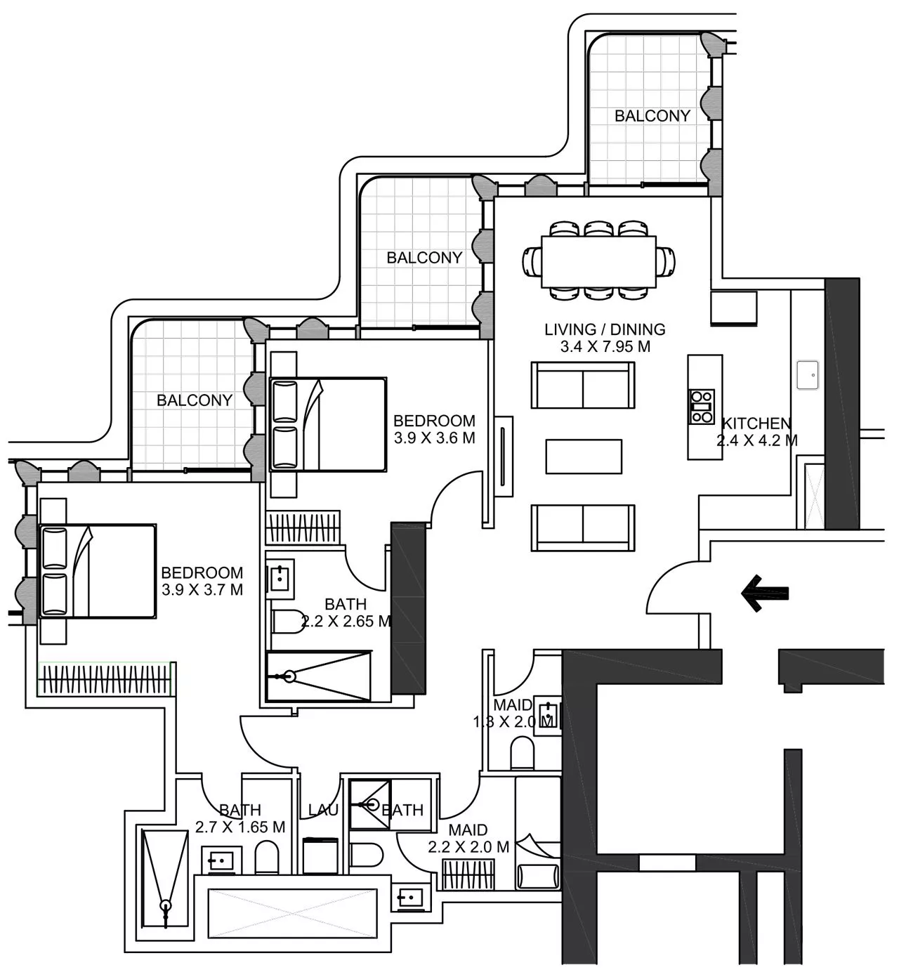 2 Bedrooms Apartment Floor Plan