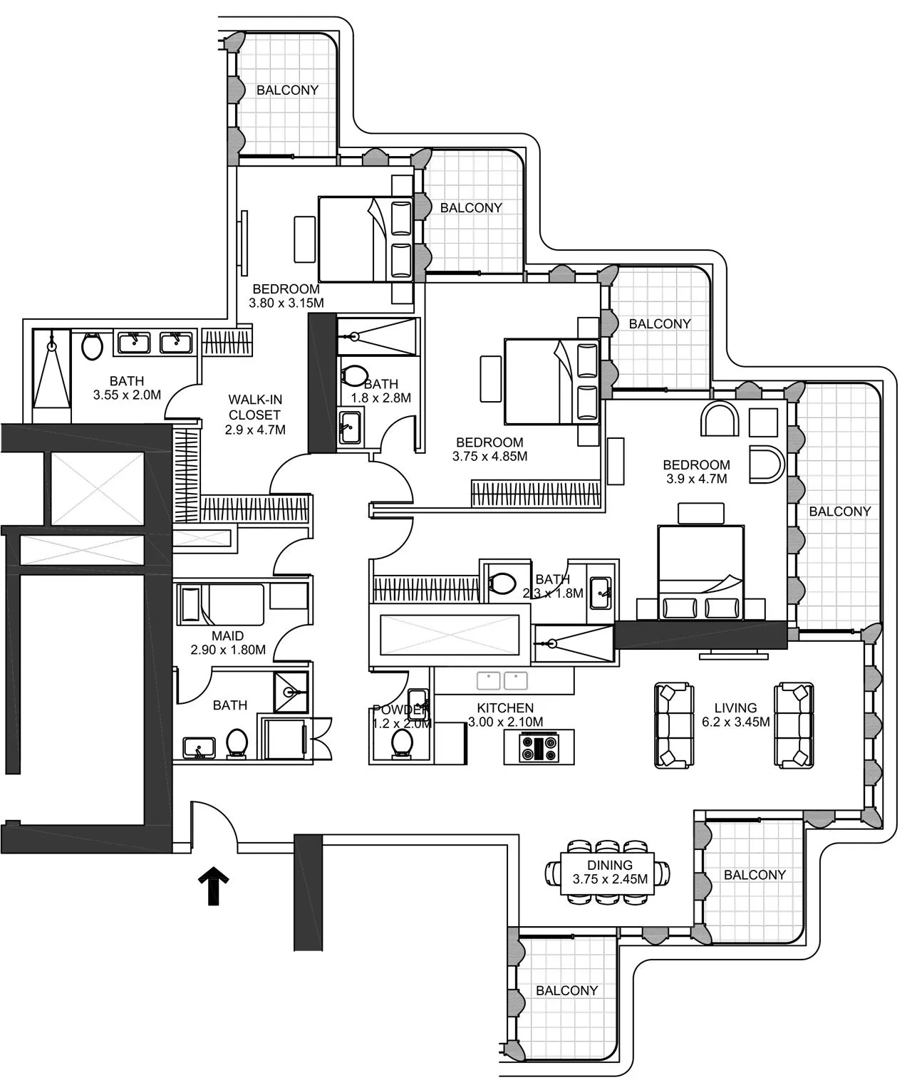 3 Bedrooms Apartment Floor Plan