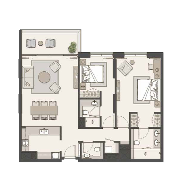 2 Bedrooms Apartment Floor Plan