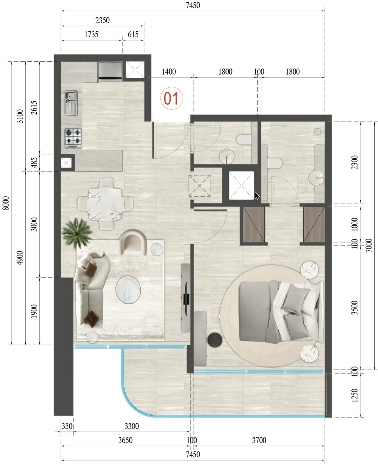 1-Bedroom Apartments Floor Plan