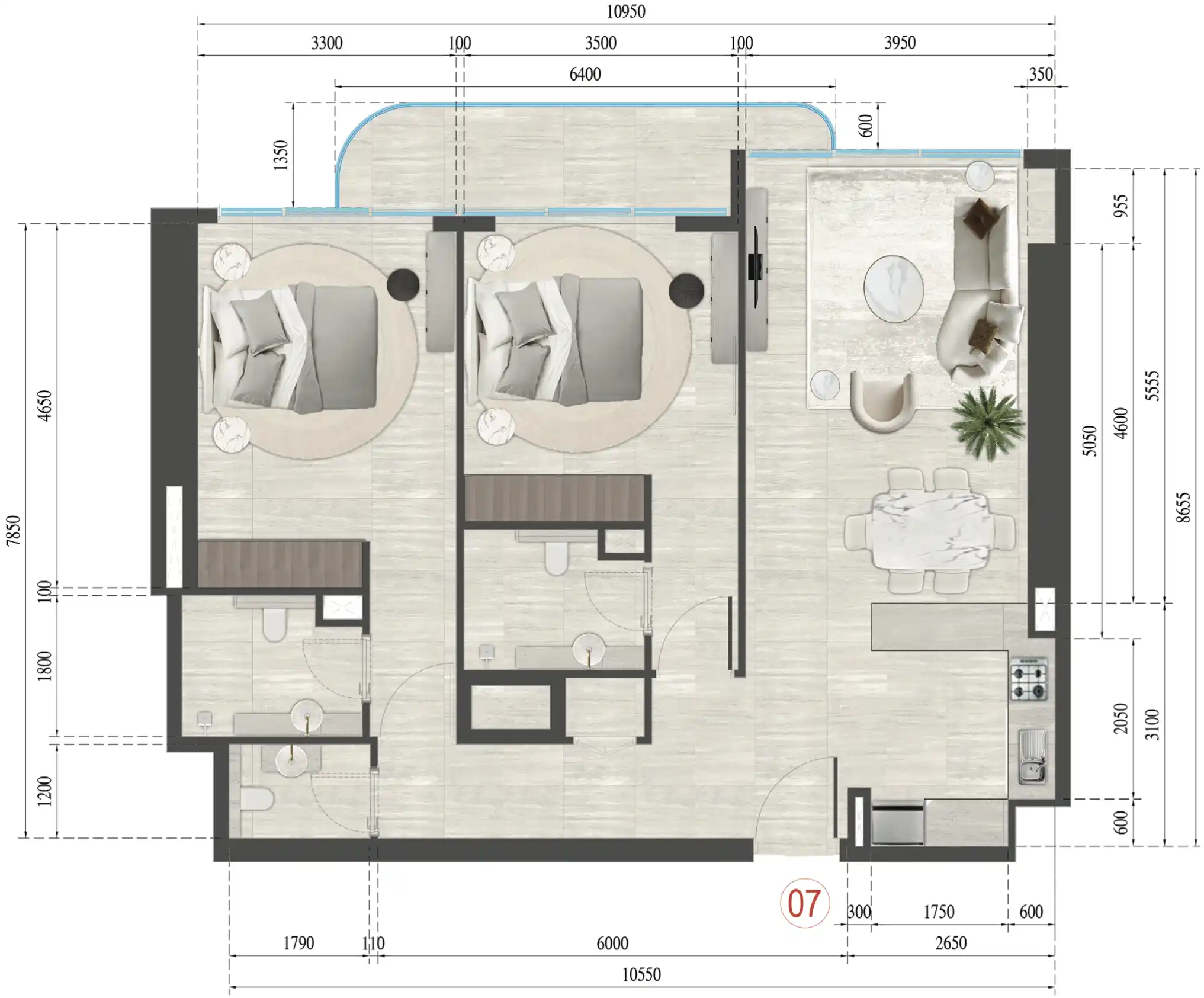 2-Bedroom Apartments Floor Plan